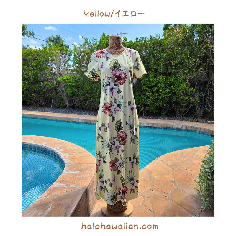 新作 ハワイアン　レーヨン スリーブ ロングドレス 【 ハイビスカス&モンステラ 】