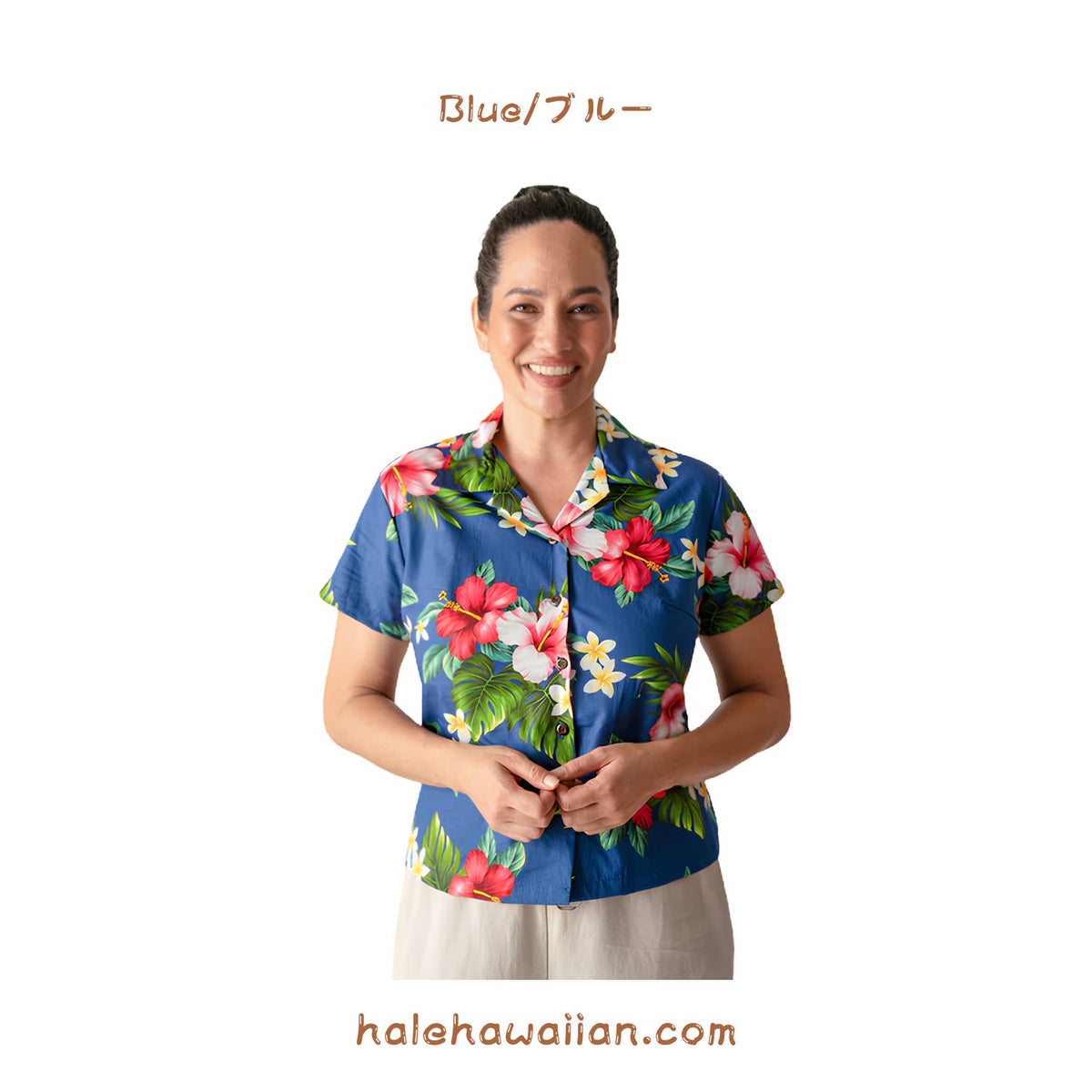 Hawaii Cotton Women's Fitted Aloha Shirt [Hibiscus Plumeria]
