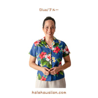 Hawaii Cotton Women's Fitted Aloha Shirt [Hibiscus Plumeria]