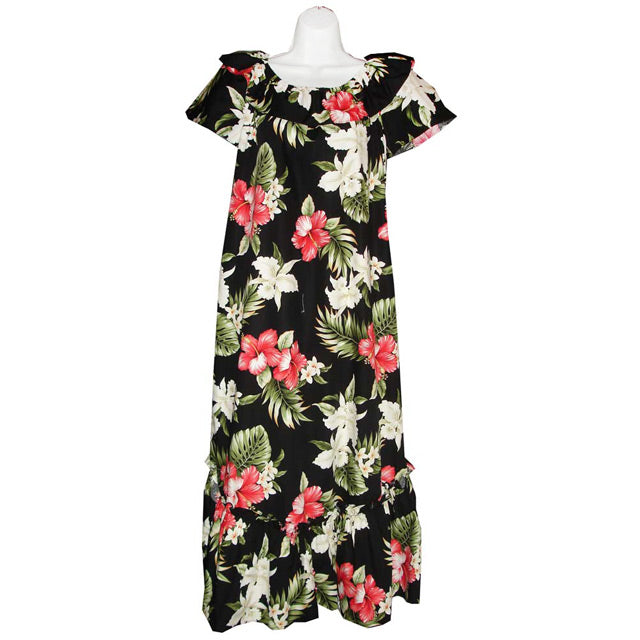 [Discount Product] Hawaiian Muumu Sleeve Dress Long [Orchid Hibiscus]