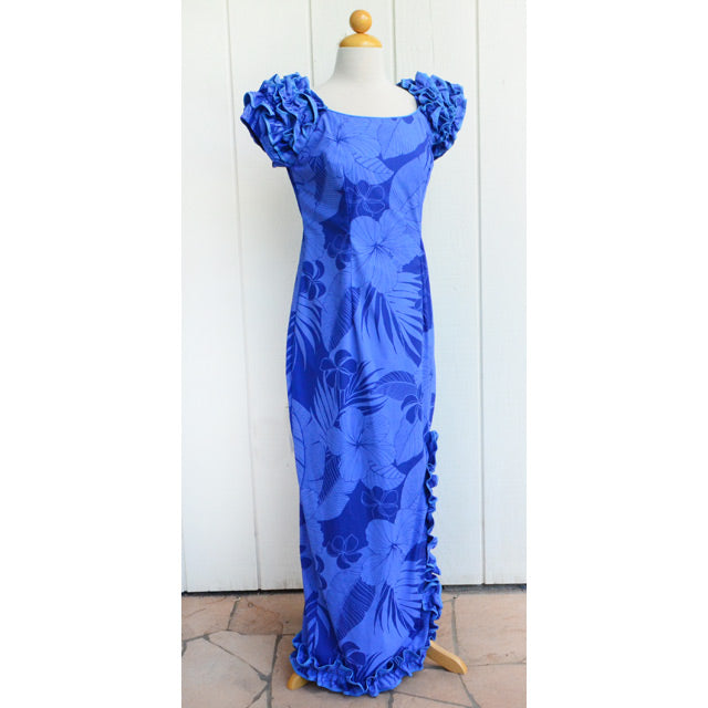 ハワイアン ムームー Design of Naomi スリット ドレス  ロング 【 ビッグ ハイビスカス 】ブルー
