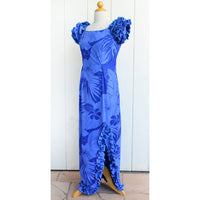 ハワイアン ムームー Design of Naomi スリット ドレス  ロング 【 ビッグ ハイビスカス 】ブルー