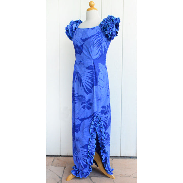 Hawaiian Muumuu Design of Naomi Slit Dress Long [Big Hibiscus] Blue