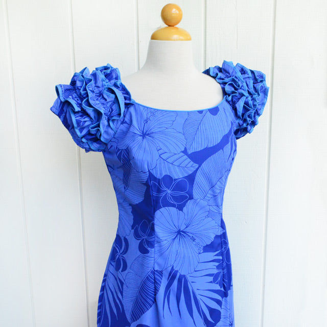 Hawaiian Muumuu Design of Naomi Slit Dress Long [Big Hibiscus] Blue