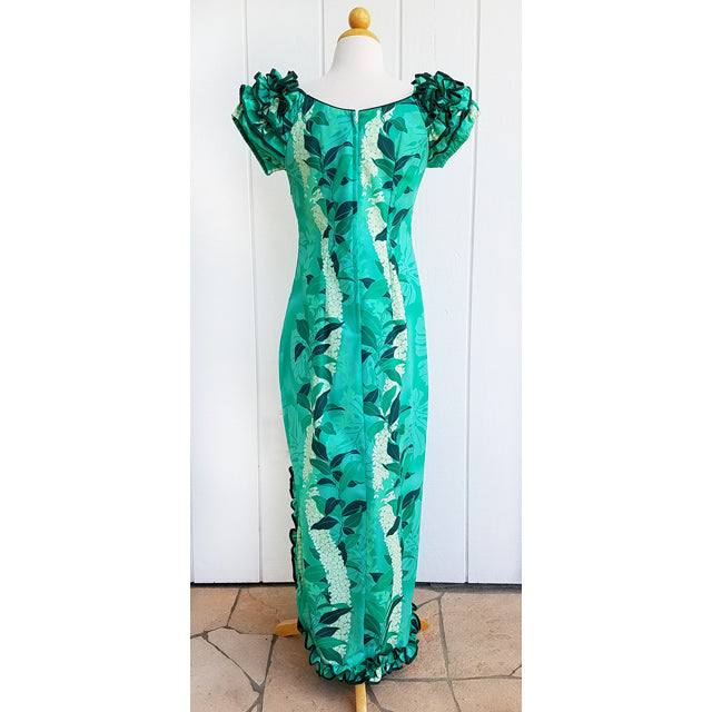 Hawaiian Muumuu Naomi Slit Dress Long Monstera Lei