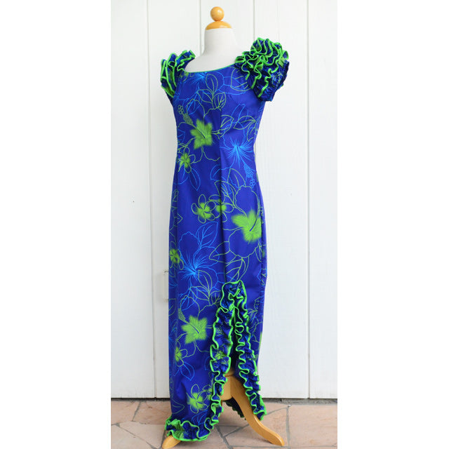 Hawaiian Muumuu Naomi Slit Dress Long [Hibiscus Neon] Navy