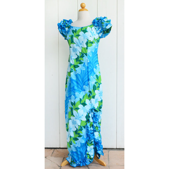 ハワイアン ムームー Design of Naomi スリット ドレス  ロング 【 プルメリア 】 ブルー