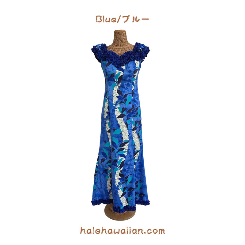 Hawaiian Muumuu Ruffle Long Dress [Monstera Lei] Pink / S / Polycotton