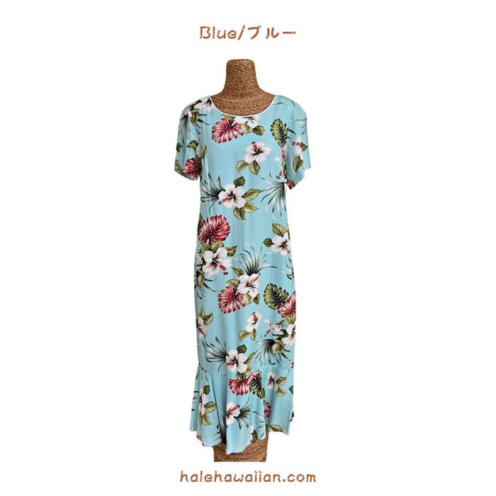 Hawaiian Sleeve Semi-Long Dress [Hibiscus &amp; Monstera]