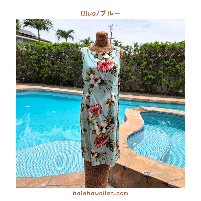 Hawaiian Tank Dress, Semi-Long Length, Hibiscus &amp; Monstera Design