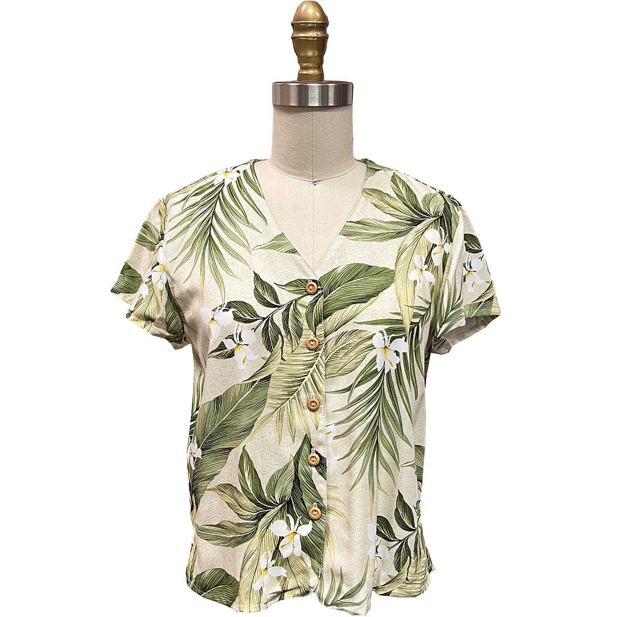 Hawaiian Paradise Fund V-Neck Ladies Aloha Shirt [White Ginger]