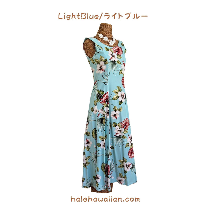 Hawaiian Sleeveless Dress Long [Hibiscus &amp; Monstera]
