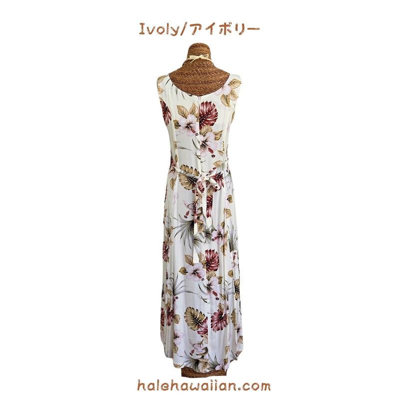 Hawaiian Sleeveless Dress Long [Hibiscus &amp; Monstera]