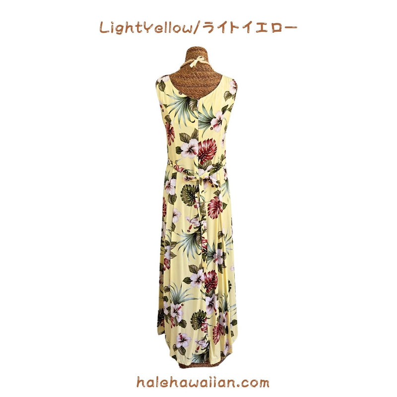 Hawaiian Sleeveless Dress Long [Hibiscus &amp; Monstera]