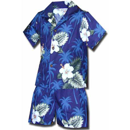 Kids Cotton Aloha Shirt Set [Palm Tree Hibiscus]