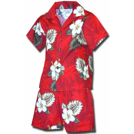 Kids Cotton Aloha Shirt Set [Palm Tree Hibiscus]