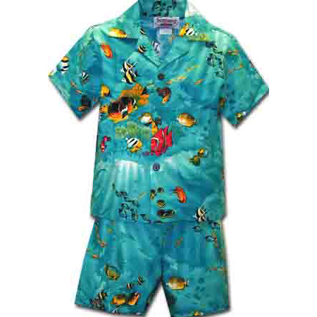 Kids Cotton Aloha Shirt Set [Aqua]