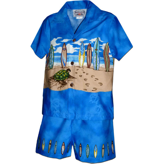 Kids Cotton Aloha Shirt Set [Surfboard &amp; Honu]