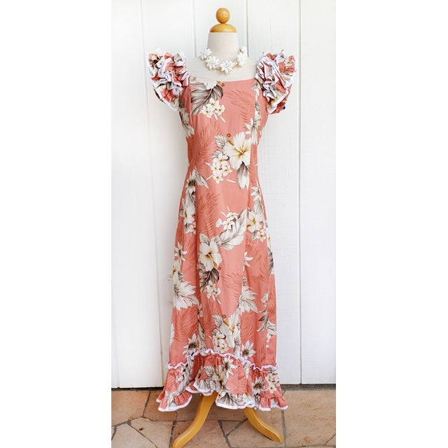 Hawaiian Muumu Ruffle Dress Long [Fern Hibiscus]
