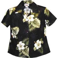 Hawaiian Ladies Aloha Shirt Fit [Palm Tree Hibiscus]