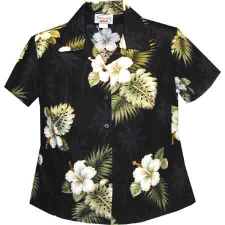 Hawaiian Ladies Aloha Shirt Fit [Palm Tree Hibiscus]