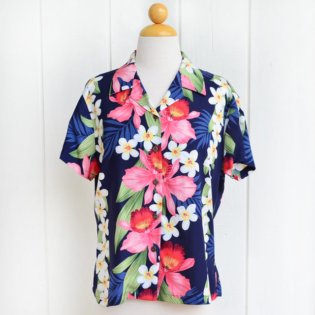 Hawaiian Ladies Aloha Shirt Fit [Plumeria Orchid]