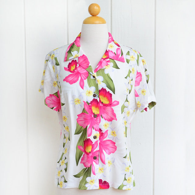 Hawaiian Ladies Aloha Shirt Fit [Plumeria Orchid]