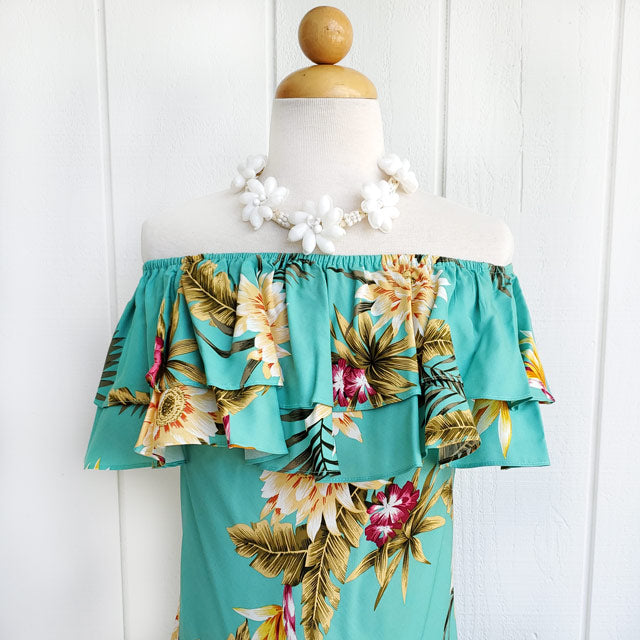 Hawaiian Dress w/ Sleeves Island Ceres Knee Length Green / L Hawaiian Dress w/ Sleeves Island Ceres Knee Length Green / L