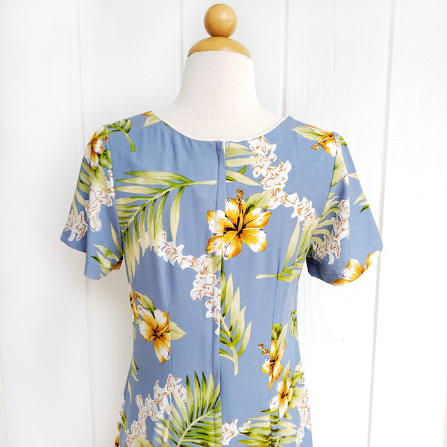 Hawaiian Dress Midi with Sleeves Island Tuberose Ocean Blue / XL Hawaiian Dress Midi with Sleeves Island Tuberose Ocean Blue / XL