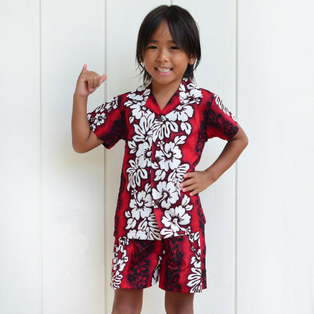 Kids Cotton Aloha Shirt Set [Hibiscus Twin Panel]