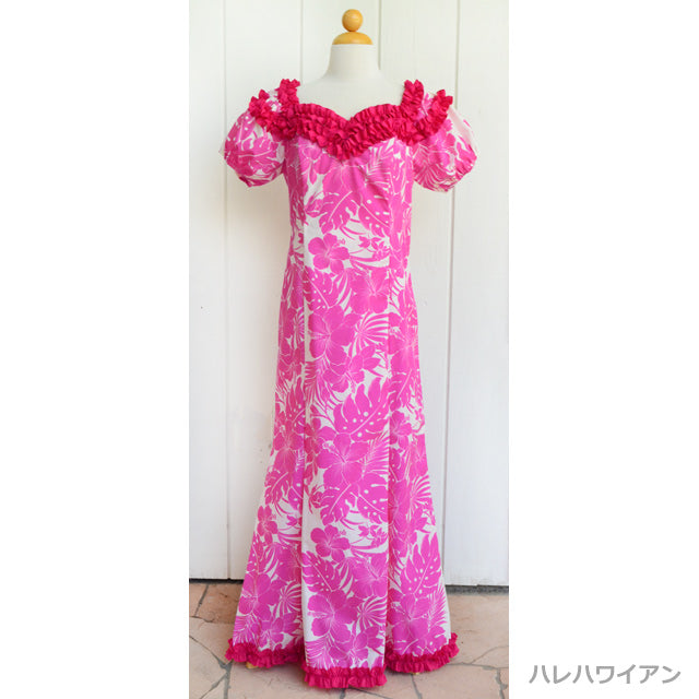 訳あり 在庫処分 ハワイ ムームー ジェニーラッフル ドレス ロング 【ナヘナへ ハイビスカス】ピンク