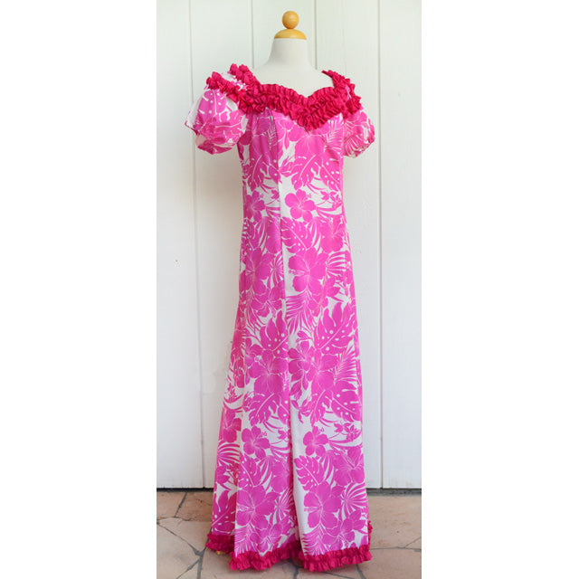 訳あり 在庫処分 ハワイ ムームー ジェニーラッフル ドレス ロング 【ナヘナへ ハイビスカス】ピンク