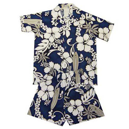 Kids Cotton Aloha Shirt [Hibiscus & Surfboard]